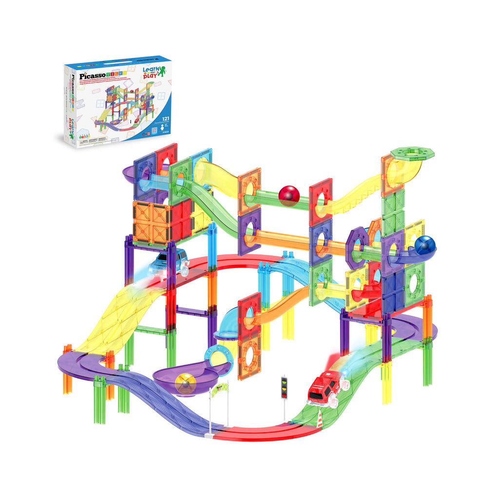 PicassoTiles 121 piezas – Set Magnético 3 en 1: Pista, Marble Run y Construcción