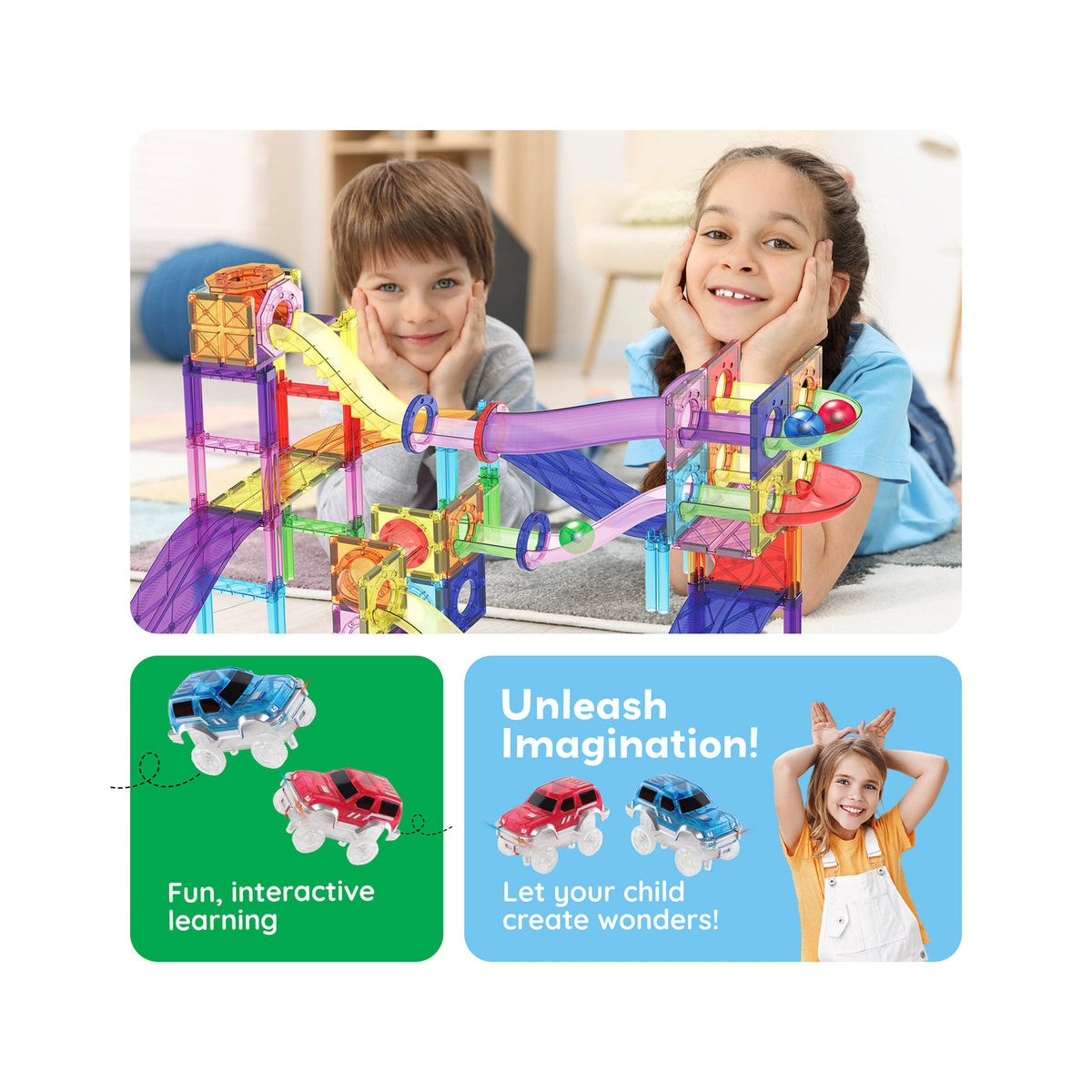 PicassoTiles 121 piezas – Set Magnético 3 en 1: Pista, Marble Run y Construcción