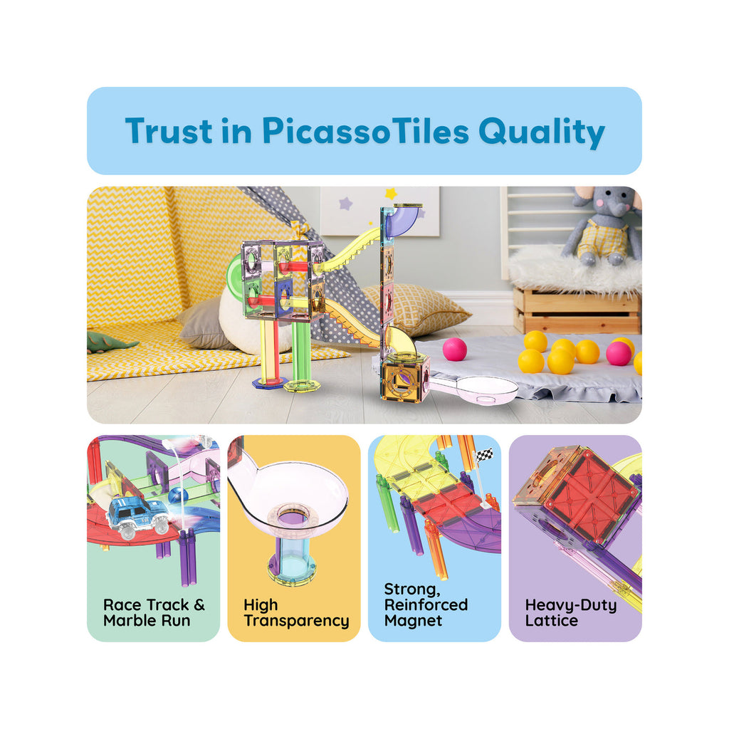 PicassoTiles 121 piezas – Set Magnético 3 en 1: Pista, Marble Run y Construcción