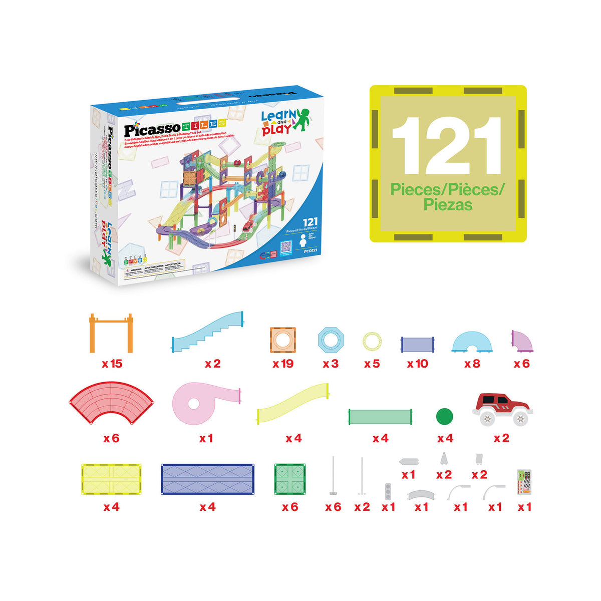 PicassoTiles 121 piezas – Set Magnético 3 en 1: Pista, Marble Run y Construcción