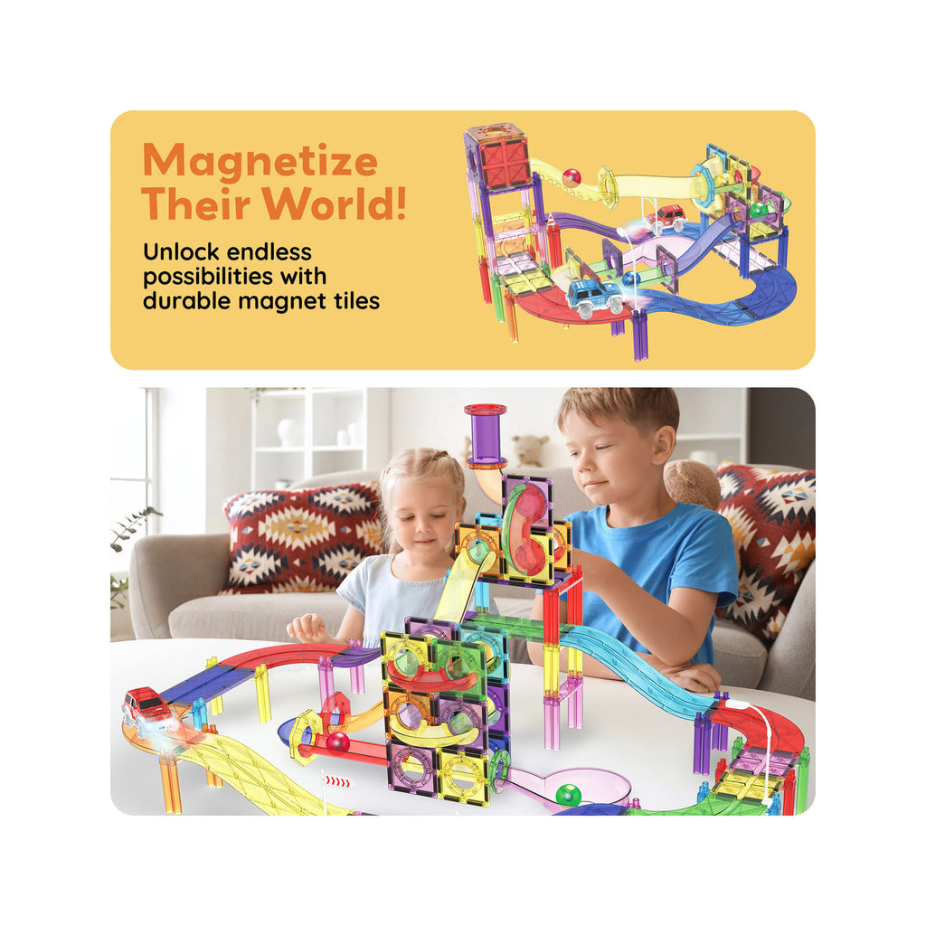 PicassoTiles 121 piezas – Set Magnético 3 en 1: Pista, Marble Run y Construcción