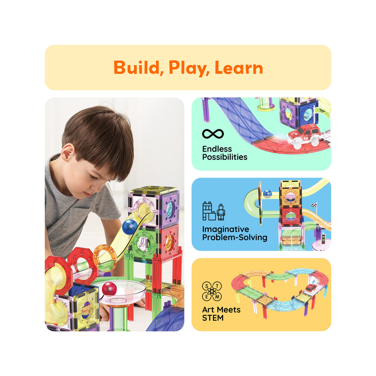 PicassoTiles 121 piezas – Set Magnético 3 en 1: Pista, Marble Run y Construcción