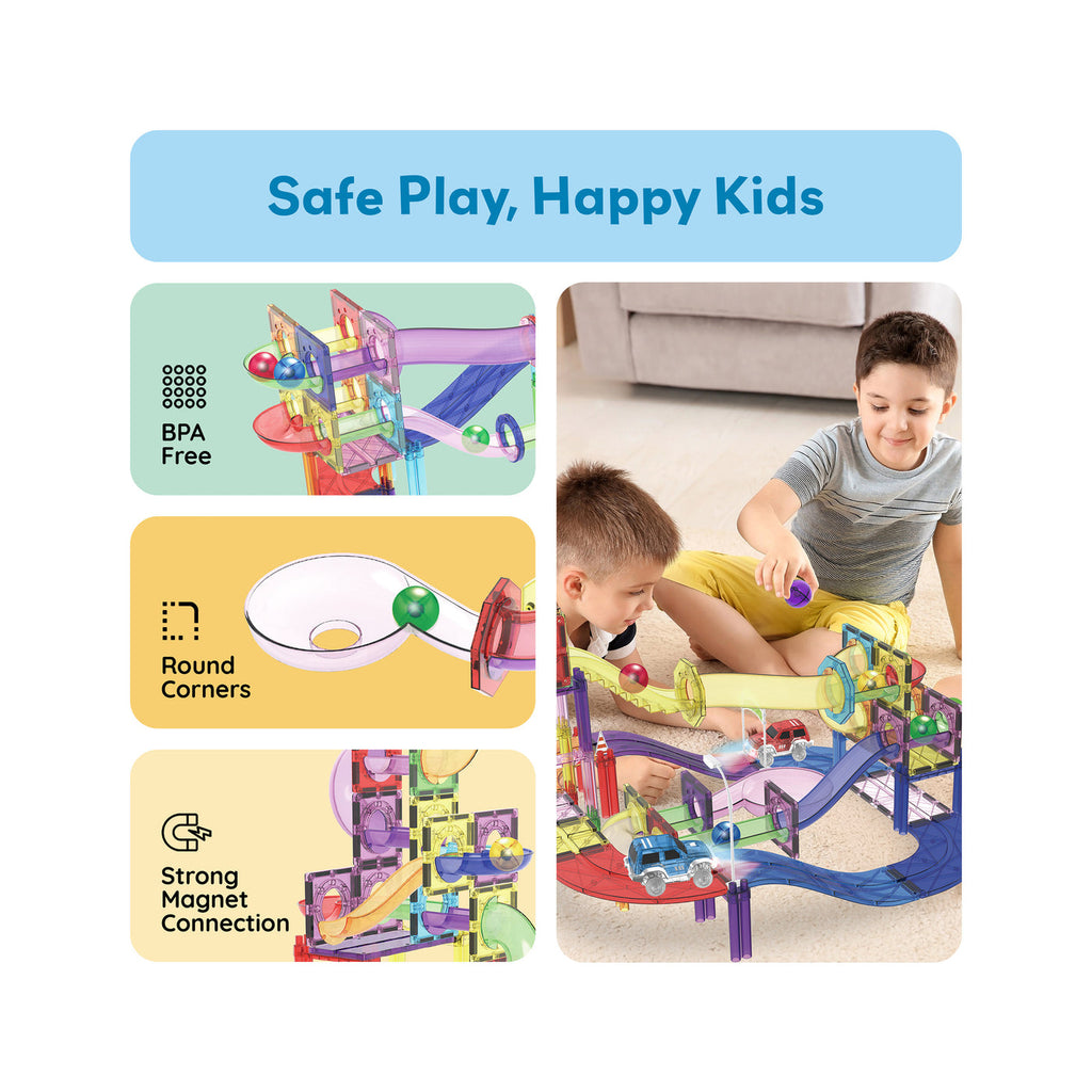 PicassoTiles 121 piezas – Set Magnético 3 en 1: Pista, Marble Run y Construcción